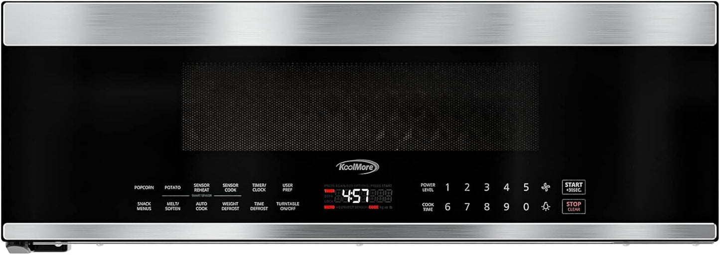 KoolMore KM-MLPOT-1SS 30 Inch Over-The-Range Low Profile Microwave, Built-in, 10 Levels, 13.5” Glass Turntable, 1000-Watt Power, Advanced Air Vent, and Heat Circulation, 30 in/1.2 Cu. Ft, Silver
