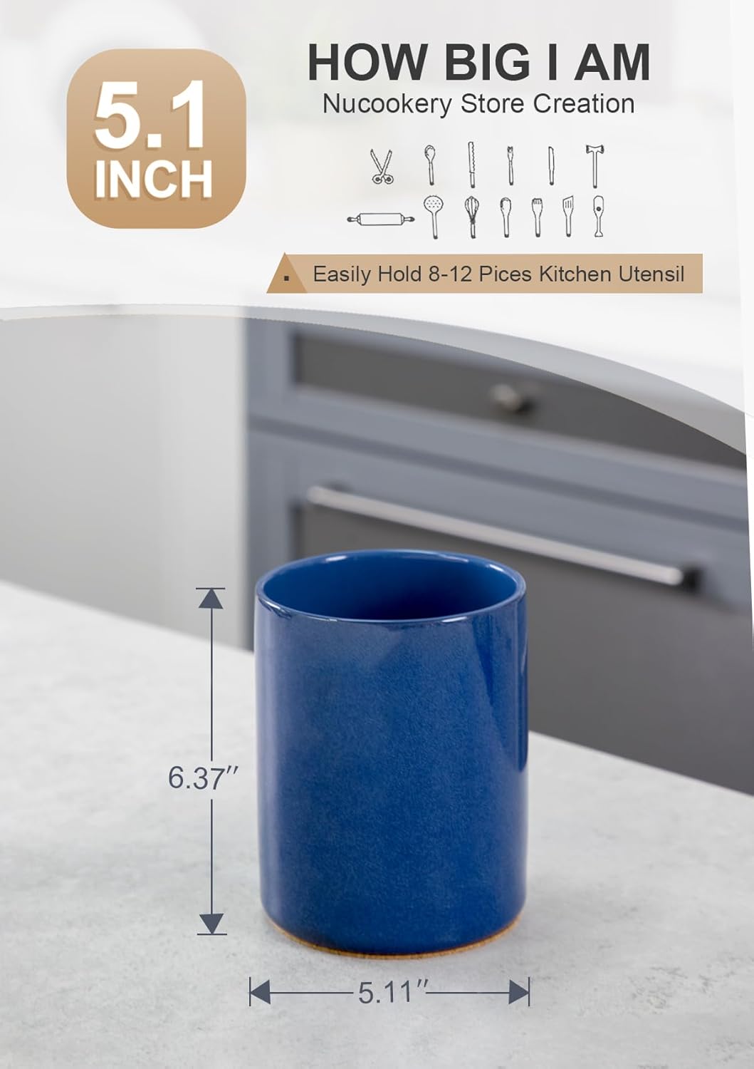 Nucookery Utensil Holder, 6.4" Ceramic Kitchen Utensil Holder for Countertop with Protection Cork Bottom, Vintage Farmhouse Kitchen Decor for Counter, Gift (Royal blue)