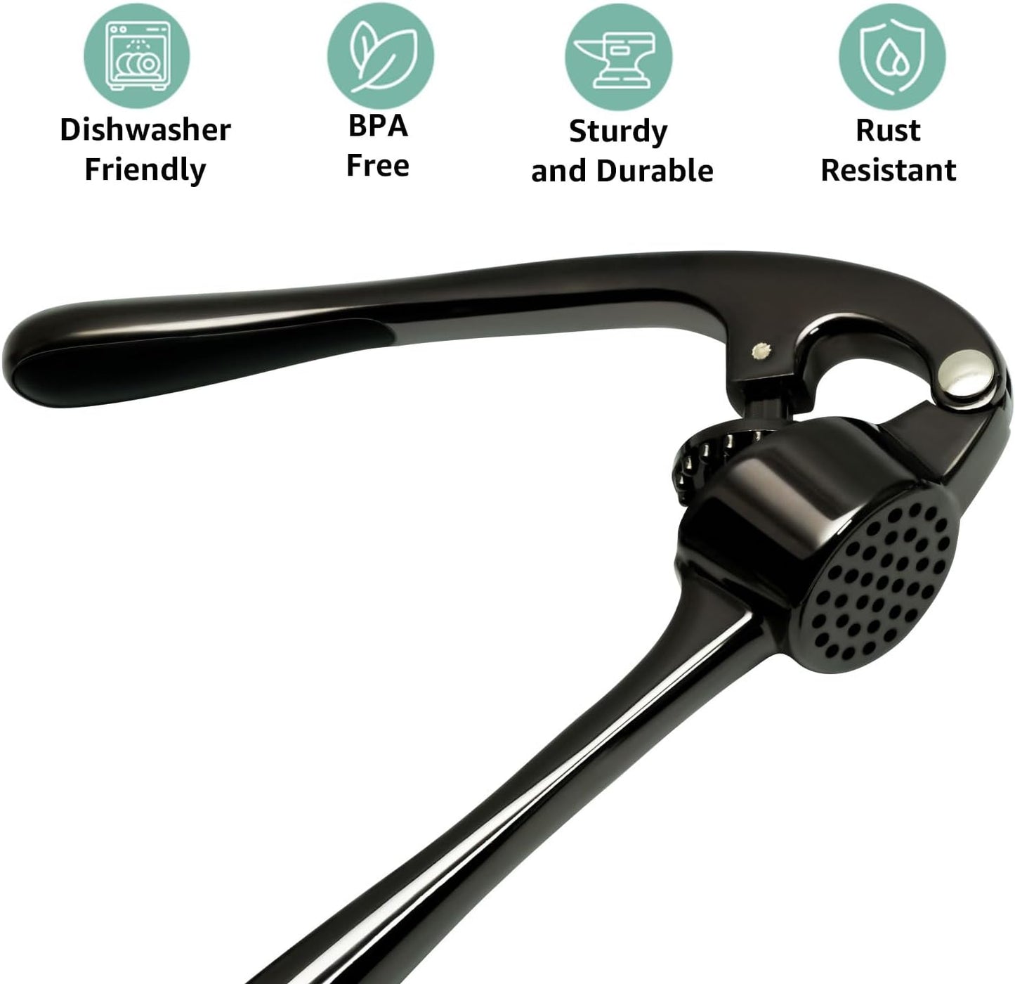 GD Garlic Press Crusher Mincer Tool - Stainless Steel Garlic Press, Dishwasher Safe & Rust Proof, Easy-Squeeze Garlic Crusher with Ergonomic Handle - Includes Silicone Peeler & Brush (Black)