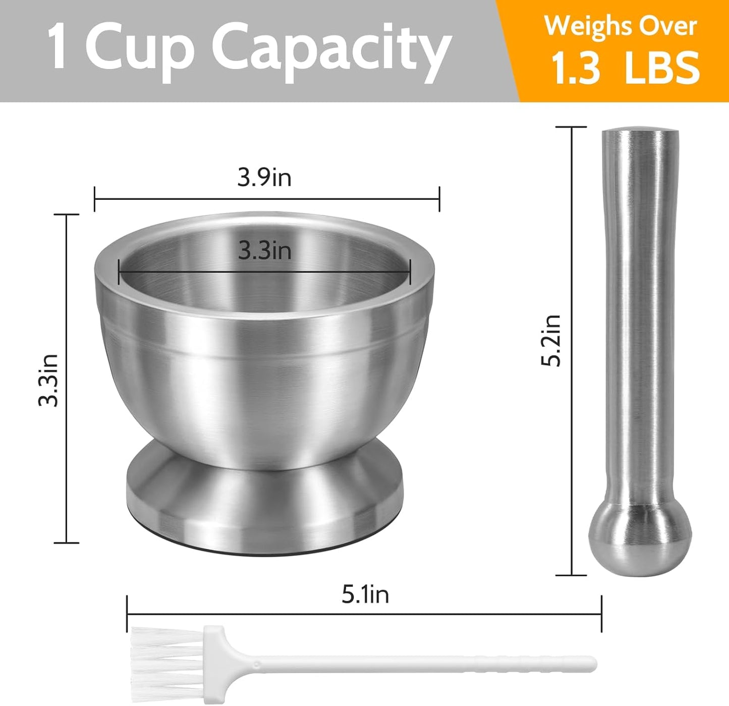 Mortar and Pestle, Sopito 18/8 Stainless Steel Spice Grinder Pill Crusher with Lid for Crushing Grinding Ergonomic Design with Anti Slip Base and Comfy Grip