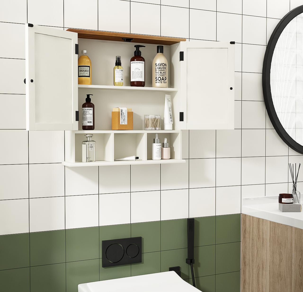 ChooChoo Bathroom Cabinet Wall Mounted 2-Door with 3 Open Shelves， Wooden Medicine Cabinets with Adjustable Shelf，Space Saver Storage Cabinets Over The Toilet for Bathroom&Living Room,White Brown