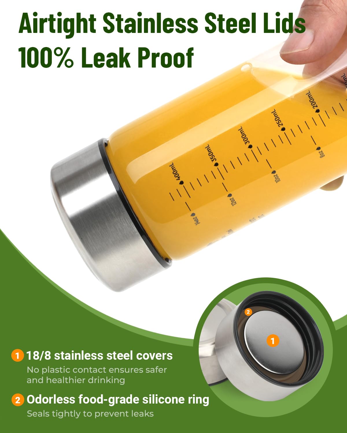 Zukro 20 oz Borosilicate Glass Water Bottles with Stainless Steel Lids and Measurement| Reusable Leakproof Drinking Bottles for Juicing, Smoothie, Protein| 4 Pack Wide Mouth BPA-Free Juice Container