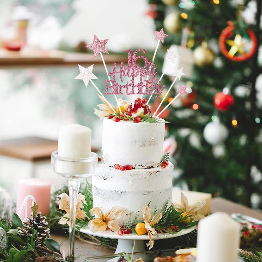 Glittery 16th Happy Birthday Cake Topper with Star,Personalised 16 Birthday Cake Toppers Party Decorations Party Supplies for Boys Girls Rose Gold