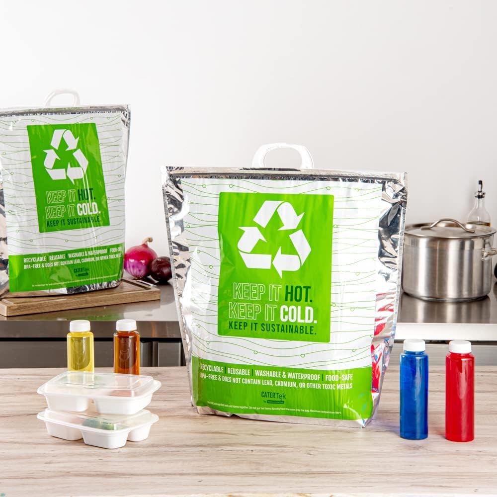 Restaurantware Cater Tek 20.1 x 7.1 x 20.1 Inch Hot And Cold Bags 10 Triple Layer Insulated Bags - Snap Lock Handles Waterproof Green & Silver Plastic Thermal Lunch Bags For Frozen & Hot Items