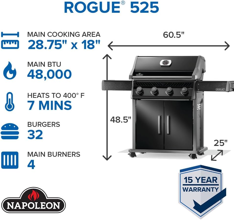 Napoleon Rogue 525 Natural Gas Grill, Black, Durable 4-Burner Cooking Surface