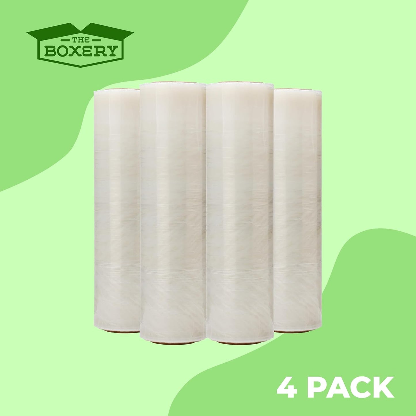 The Boxery- 18''X1500' Per Roll Stretch Wrap-4 Rolls/6000 Feet Total (70 Gauge) - Industrial Grade, Stretch Wrap Film Clear Cling Plastic for Shipping, Moving and Packaging