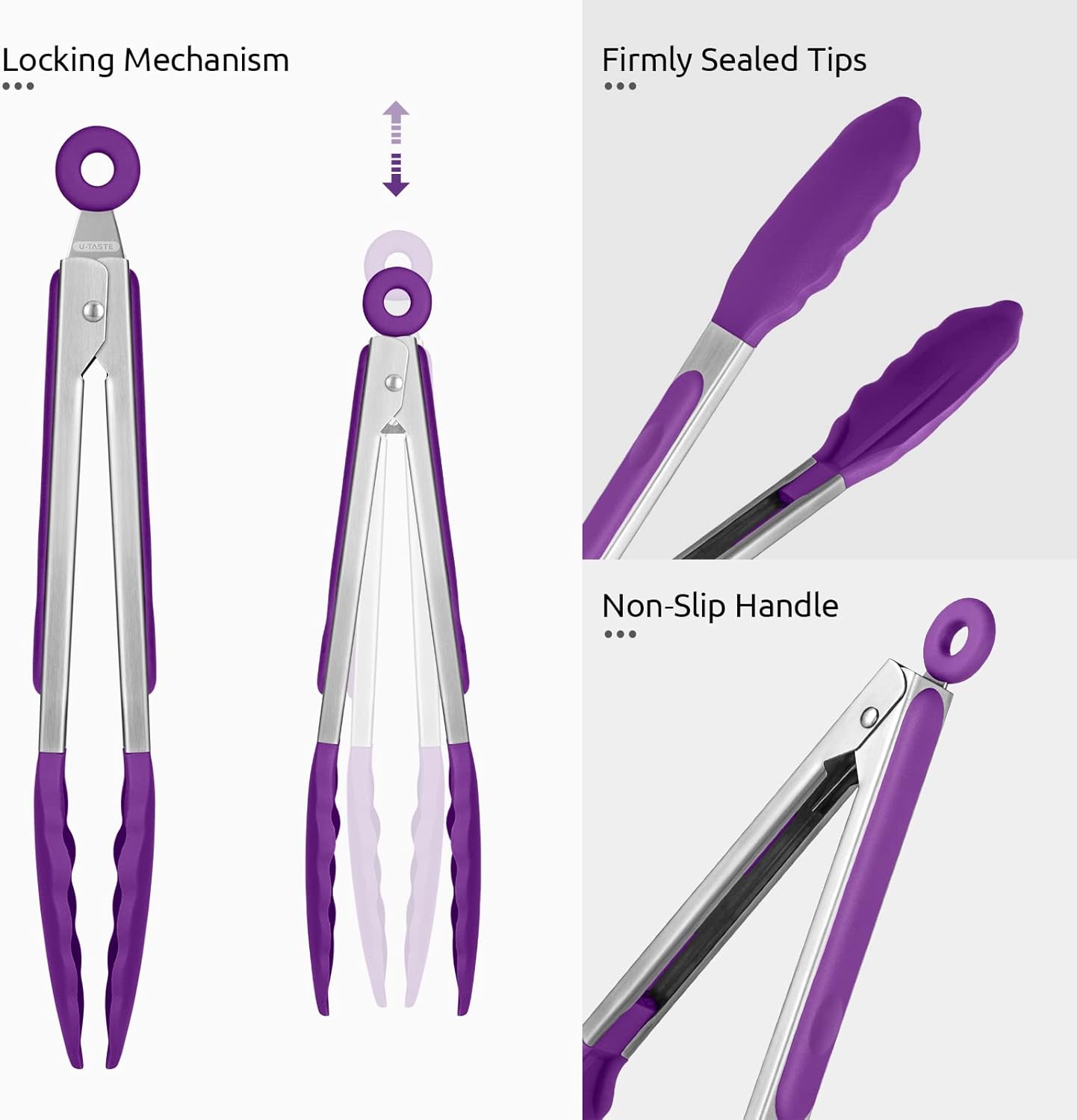 Heat Resistant Silicone Kitchen Tong: U-Taste 9 inch 480ºF Hot Proof Cooking Tong with Firm Sealed Non Stick Rubber Tips & Silicon Coated Steel Handle & Smooth Locking for Serving Grill Salad (Purple)