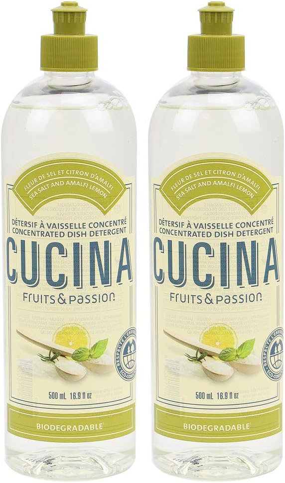Cucina Fruits & Passion Biodegradable Concentrated Liquid Dish Soap Detergent 16.9 Ounces - 2 Pack (Sea Salt and Amalfi Lemon)