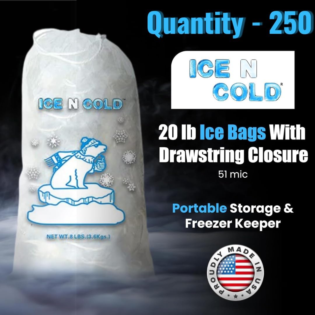Ice Bags with Drawstring Closure | 20lb, 250ct/cs | 50 mic Thickness | Portable Storage and Freezer Keeper