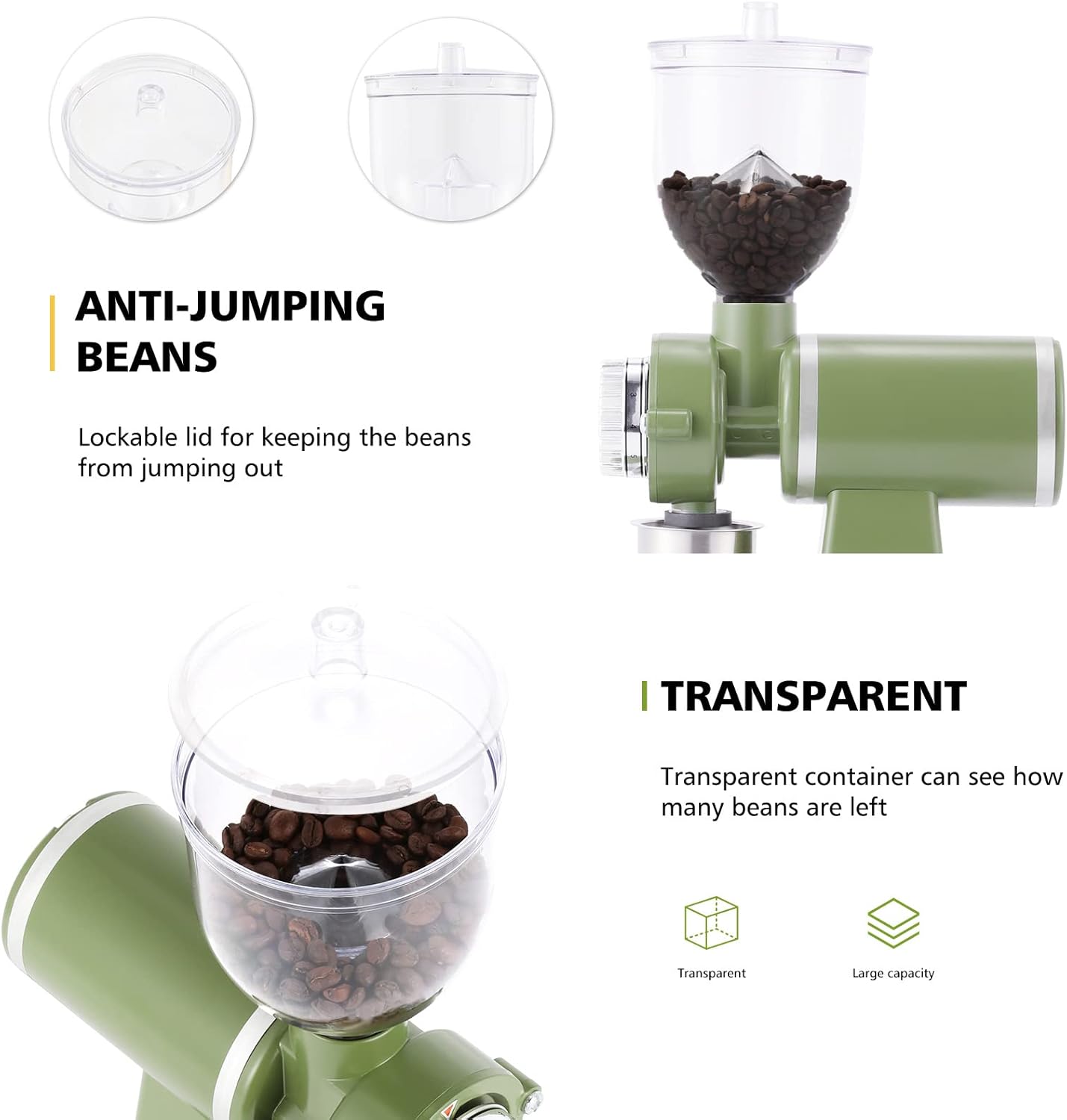 Electric Coffee Grinder Burr Espresso Coffee Bean Grinder Small Automatic Stainless Steel Coffee Mill With Brush, Pea Green