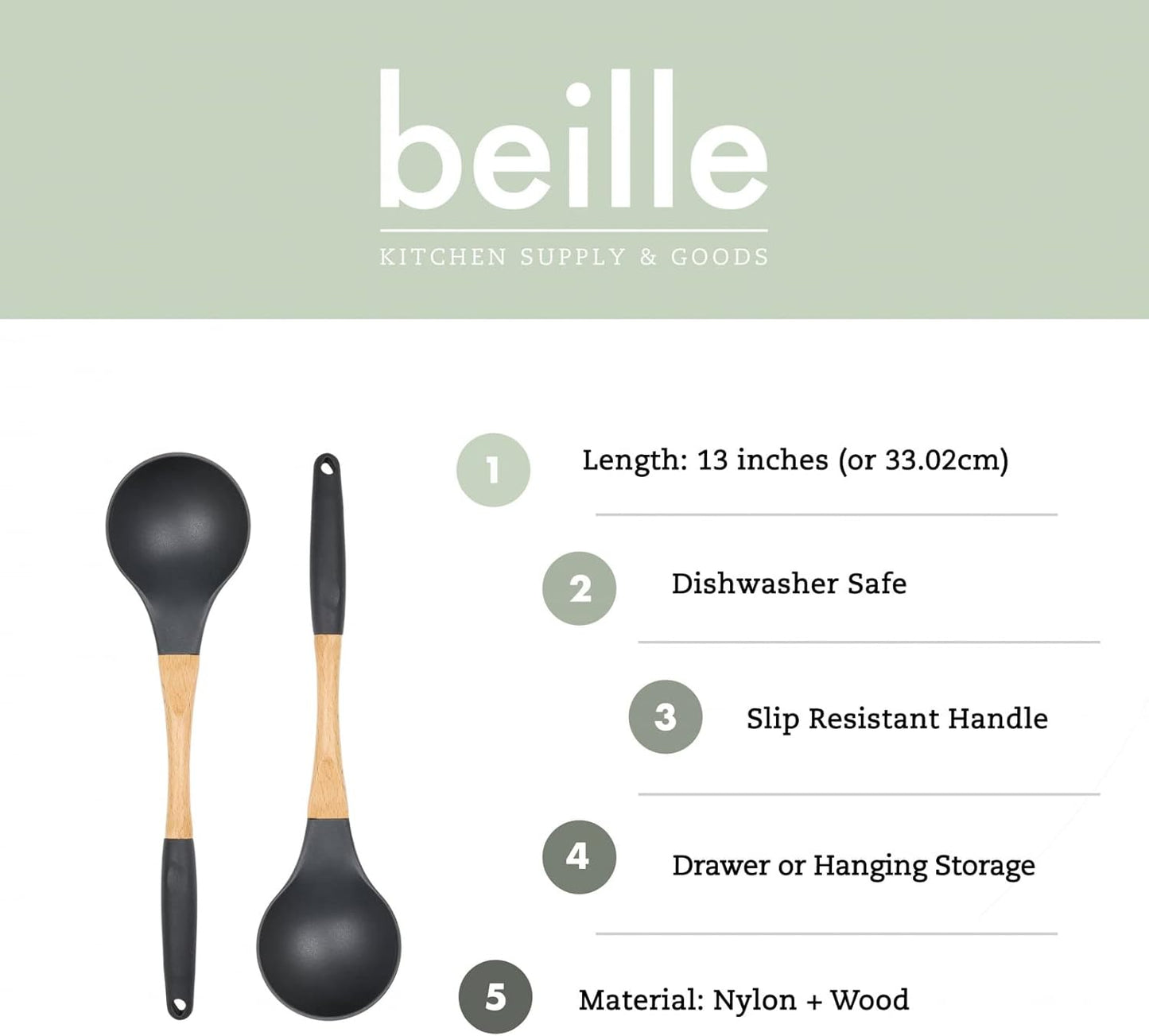 Beille Grey Nylon Ladle with Soft Grip Ergonomic Wooden Handle Kitchen Utensils, 13 Inch