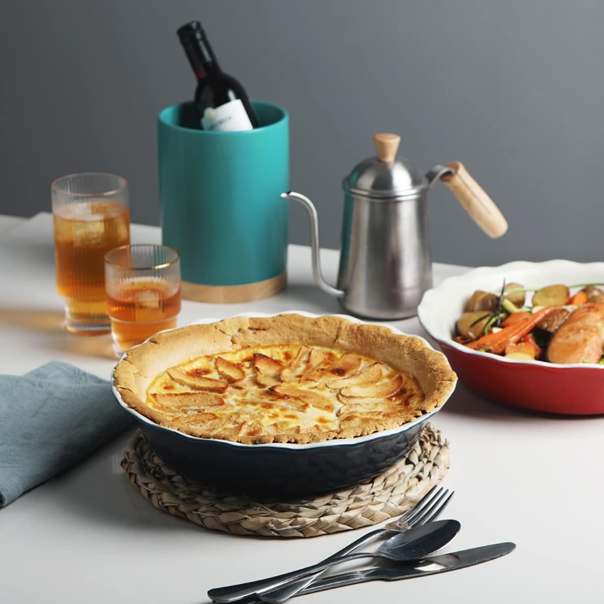 Sweejar Ceramic Pie Pan, 10 Inch Round Baking Dish, Non-Stick with Soft Wave Edge for Apple, Pumpkin, Pot Pies (Blue&Yellow)