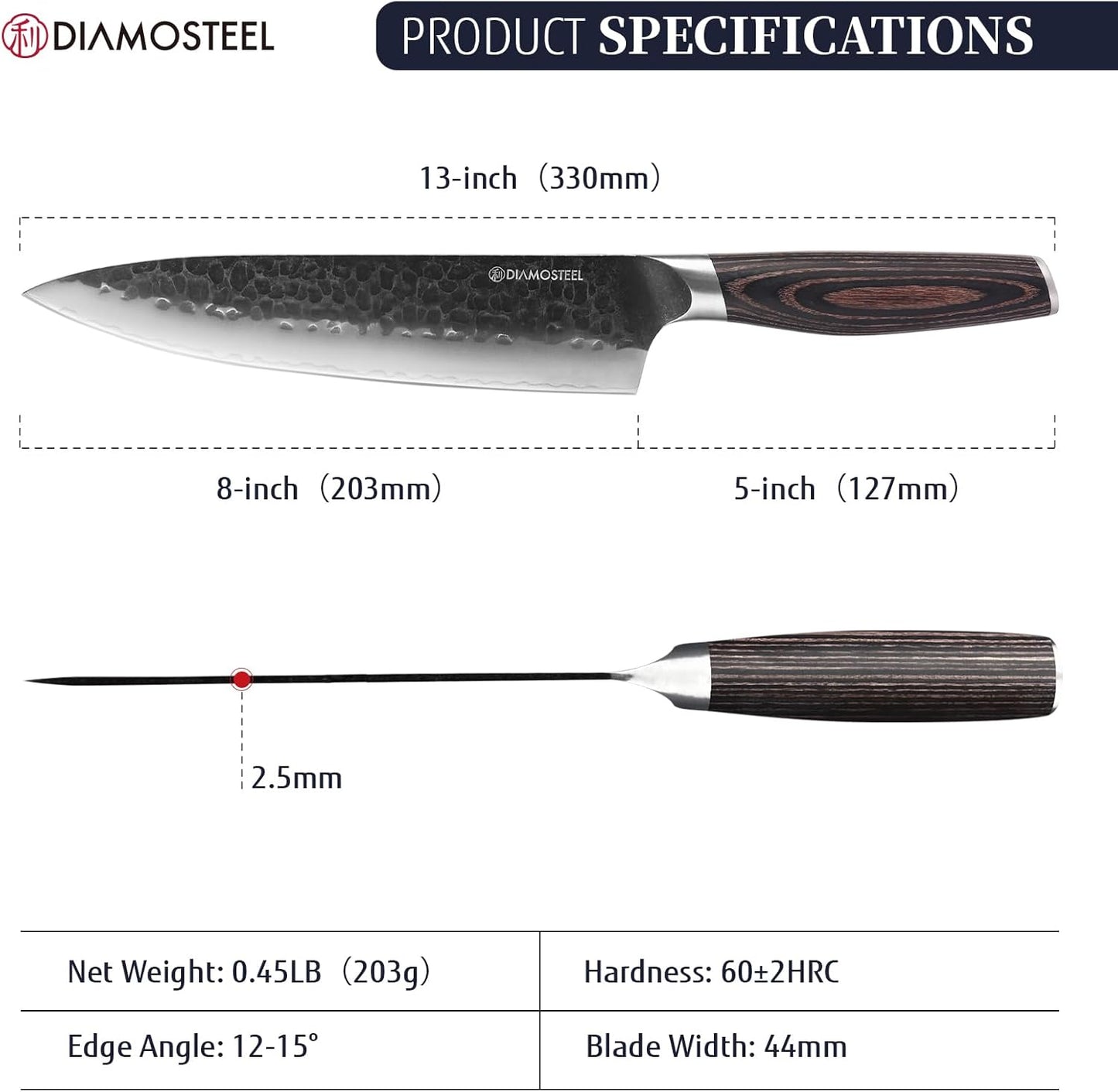 Chef Knife - 8-Inch Professional Kitchen Knife - Hammered Black Oxide Blade Japanese 9CR18MOV High Carbon Stainless Steel Sharp Gyuto Knife - Ergonomic Pakkawood Handle with Present Box