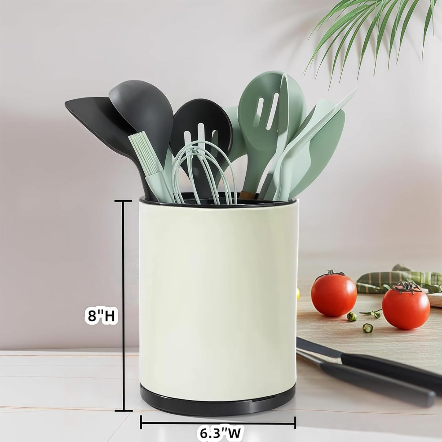 Kitchen Utensil Holder - 360° Rotating Stainless Steel Countertop Organizer for Spoons, Spatulas & Cutlery Storage, Cooking Silverware Caddy with Removable Base, Beige