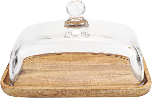 Glass Butter Dish with Lid Clear Glass Butter Keeper Container for Butter, Cream Cheese, and Dessert Cake（Acacia）