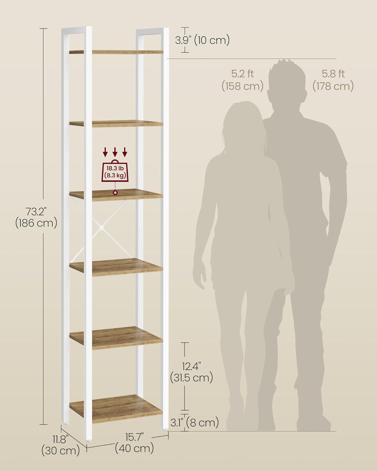 VASAGLE 6-Tier Bookshelf, Bookcase with Steel Frame, Book Shelf for Living Room, Home Office, Study, 11.8 x 15.7 x 73.2 Inches, Industrial Style, Honey Brown and Cloud White ULLS101K02