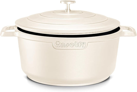 Large Dutch Oven Pot with Lid-7.5QT Cast Aluminum Oven Pot with Two Handles Lightweight for Bread Baking Braising and Roasting(Beige)