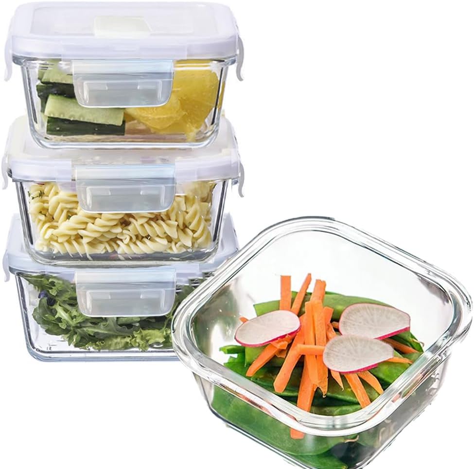 Square Glass Food Storage Containers, Small Square Storage Containers With Airtight Lids, 2Cup Glass Meal Prep Bowls, Leak-proof lunch Bowls, Dishwasher Microwave Freezer Safe -(White)