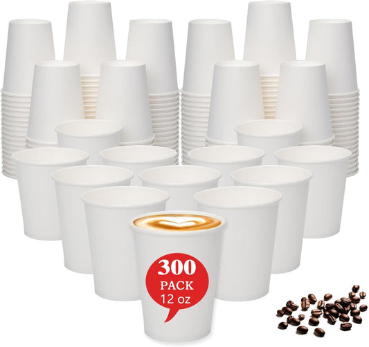 12 oz Paper Cups Disposable 300 Count - Bulk White Coffee Cups for Hot & Cold Beverages, Party Supplies | Leakproof, Recyclable Paper Cups