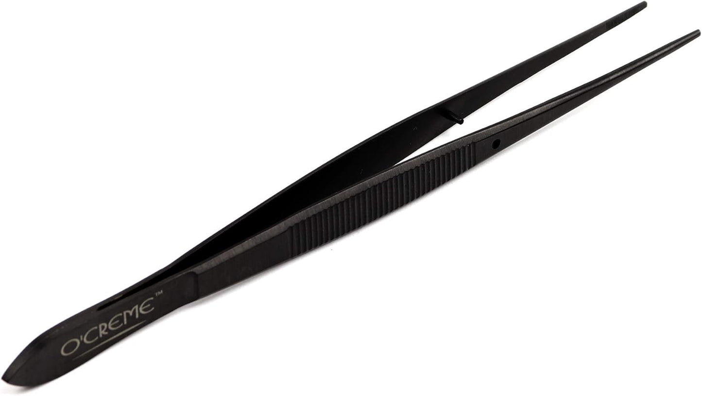O'Creme Stainless Steel Precision Kitchen Tweezer Tongs 6.25" with Fine Tip (Black)