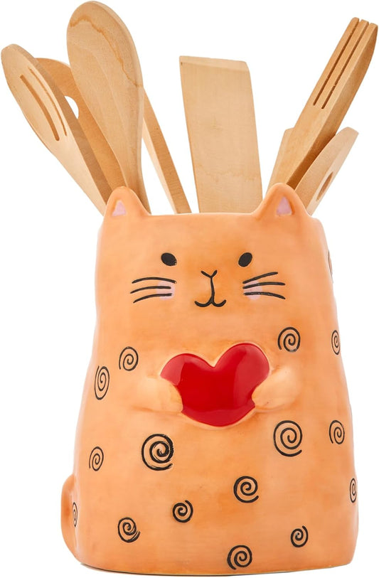 Bico Cartoon Cat Handpainted Stoneware Orange 7.8 inch Utensil Holder, Dishwasher Safe