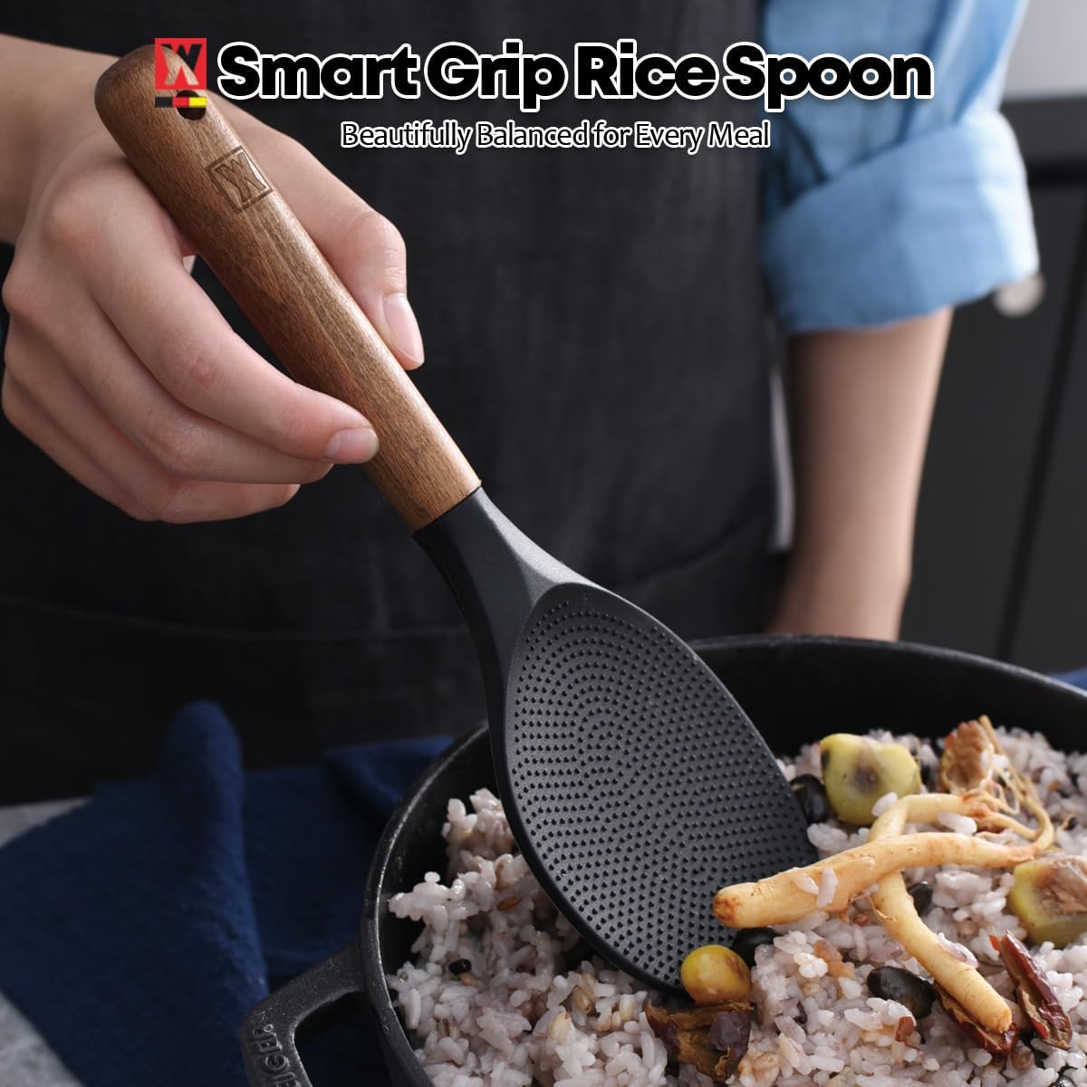 Silicone Rice Paddle with Wooden Handles: Non-Stick Rice Spoon, Mashed Potato Serving Spoon, Heat Resistant Cookware, Protects Surfaces with Gentle Head Design