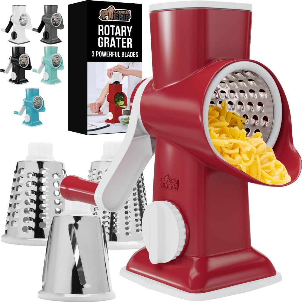 GORILLA GRIP BPA-Free Rotary Cheese Grater Hand Crank, Easy to Set Up, Strong Suction Base for Kitchen Countertop, Shred Potato, Vegetable, Nuts in Seconds, Round Mandoline Slicer, 3 Blades, Red