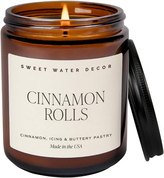 Sweet Water Decor Cinnamon Roll Candle - Fall Candle with Cinnamon, Icing & Buttery Pastry for Home - Soy Candles with 40 Hours Burn Time - 9Oz Black Lid Amber Jar Holiday Scents