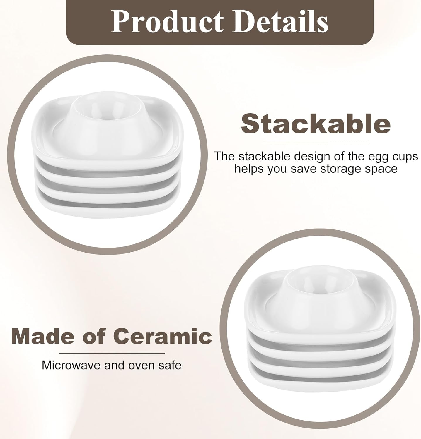 8PCS Ceramics Egg Holder, Stackable Egg Cups for Soft Boiled Eggs, White Egg Cups Porcelain Egg Dish with Base for Hard and Soft Eggs