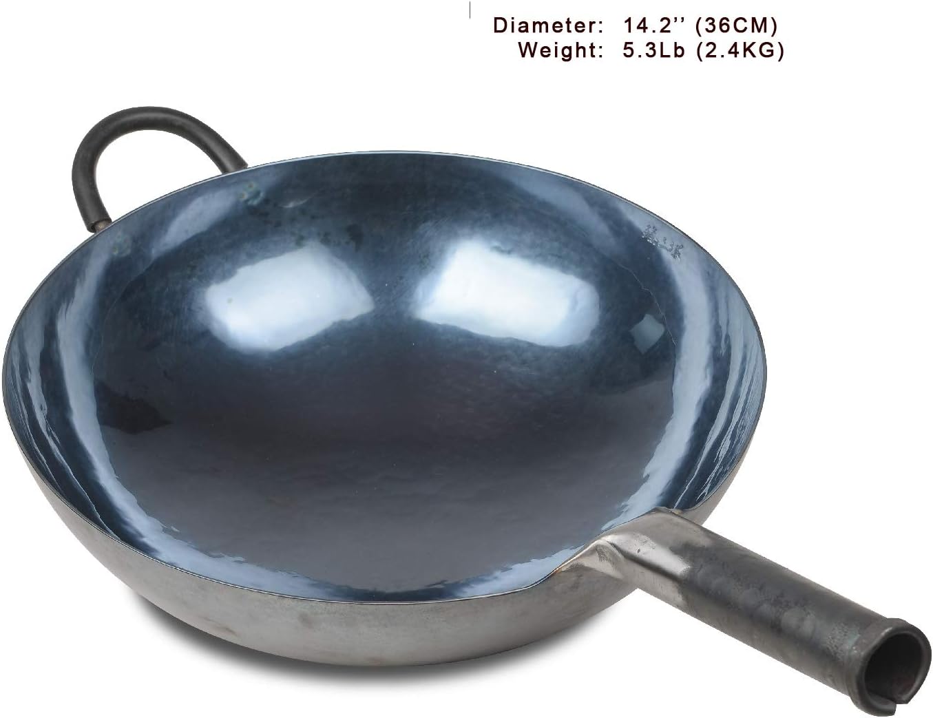 臻三环 ZhenSanHuan Chinese Hand Hammered Iron Woks and Stir Fry Pans, Non-stick, No Coating, Carbon Steel Pow (36CM, BlueBlack Seasoned with help handle)