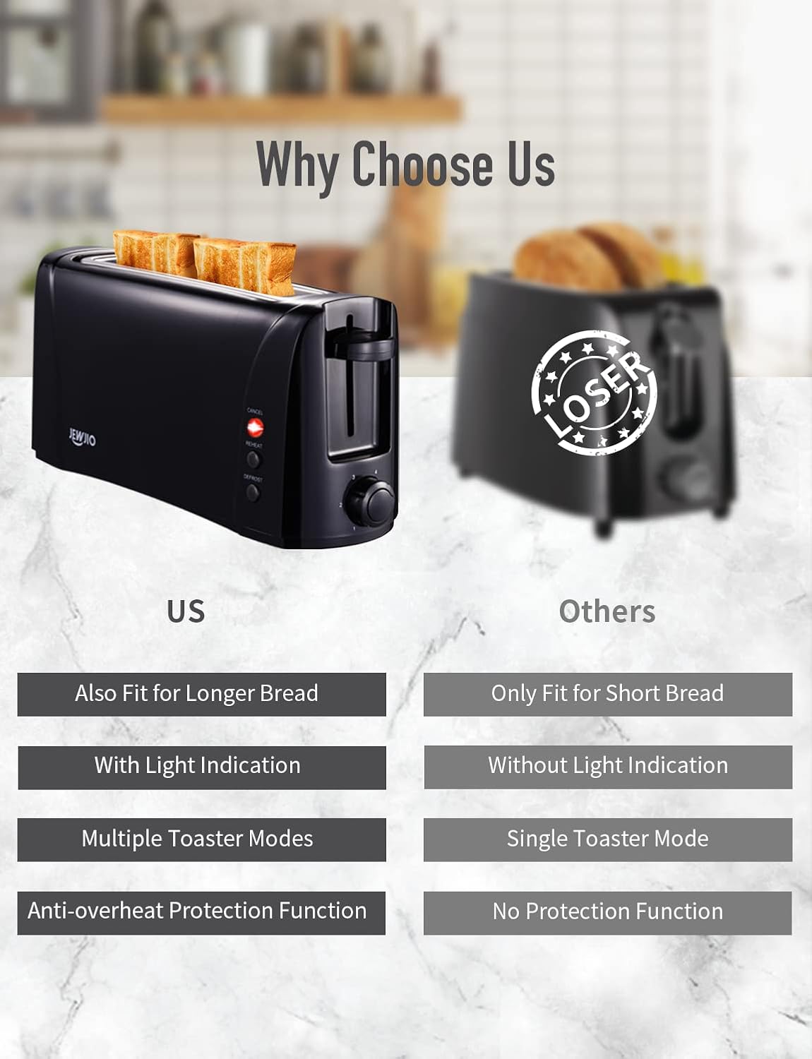 JEWJIO Slim Compact 2 Slice Toaster with Wide Long Slot - Vintage Black, 1000W, Defrost/Reheat/Cancel, 6 Shade Settings, Removable Crumb Tray for Bagels & Waffles