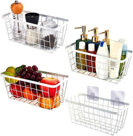 LeleCAT White Hanging Kitchen Baskets For Storage Adhesive Sturdy Small Wire Storage Baskets No Drilling Wall Mounted Kitchen Food Pantry Bathroom Shelf Storage, 4 PACK,White