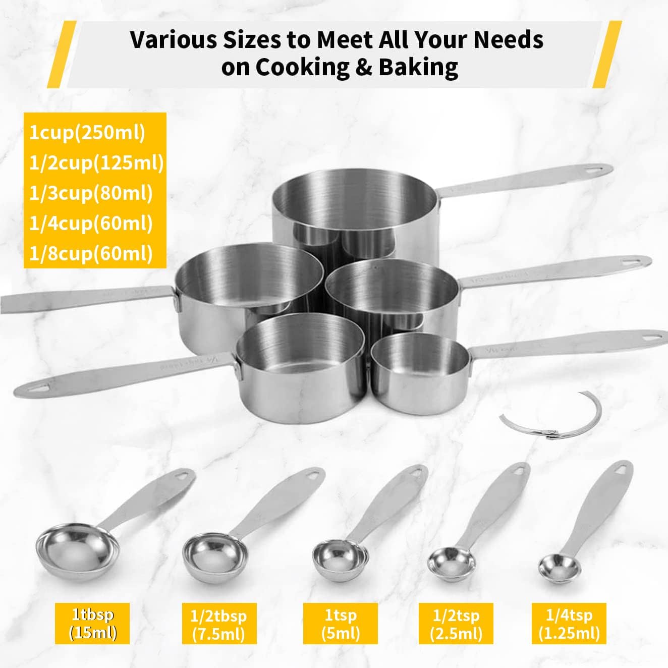 Joyhill Stainless Steel Measuring Cups and Spoons Set of 10 Piece, Stackable, Nesting Metal Measuring Cups for Dry & Liquid Ingredients, Cooking & Baking