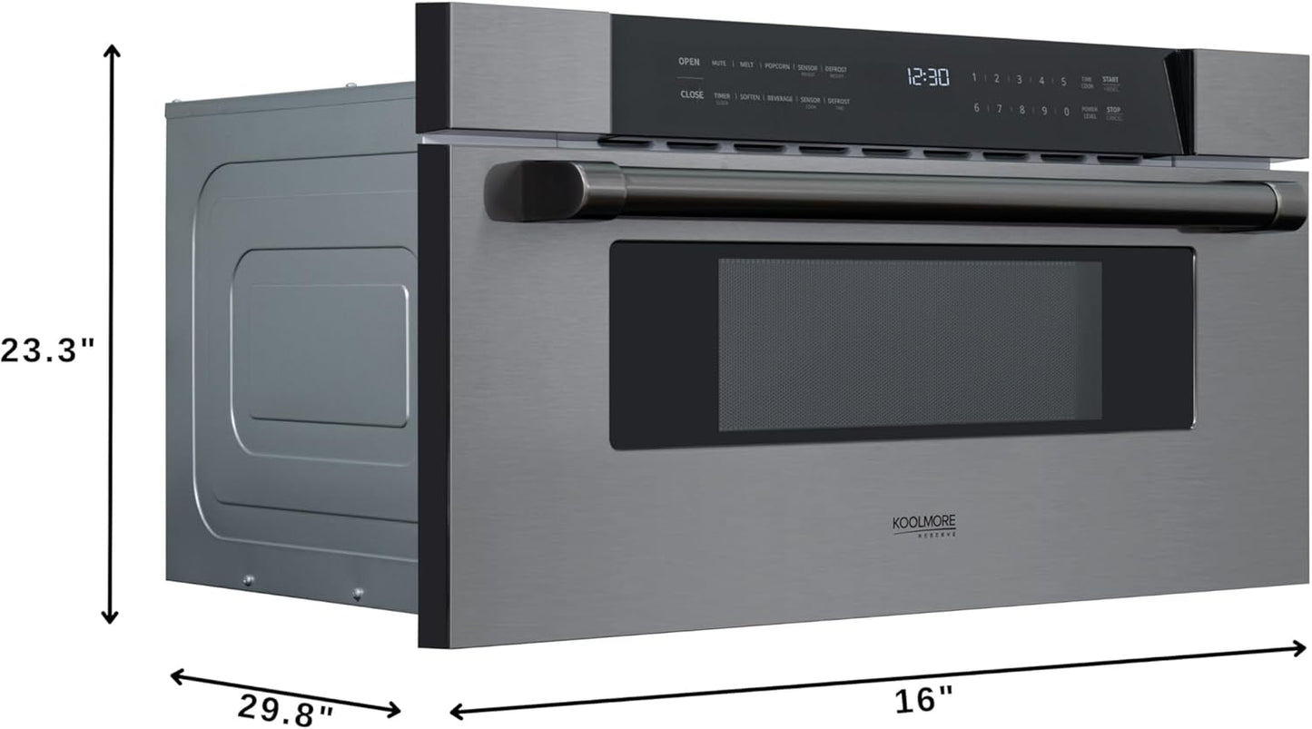 KoolMore Reserve 30 in. 1.2 cu. ft. Microwave Drawer with 10 Power Levels, Sensor Cooking, Melt, Defrost, Bake, Roast, Broil, Timer, Express Cook, 1500 Watts, UL Certified in Black Stainless-Steel