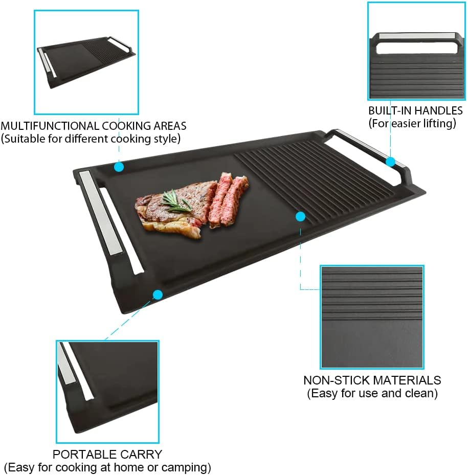 COVERCOOK Griddle Pan, Cast Iron Grill Hot Plate, Rectangular Grill, 2 handles with Flat and Ridged Surface for Induction Electric Cooktop，16.7 x 9.1inch