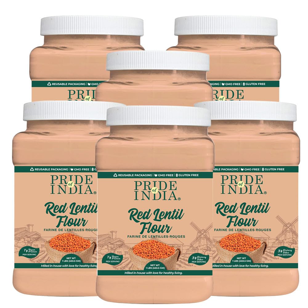 Pride of India - PACK of 6 - Red Lentil Flour 1 lbs (454 gm) Hint of Sweetness Slightly Nutty Earthy Flavor Freshly Milled in Small Batches | Used for Cooking Baking Thickening Coating