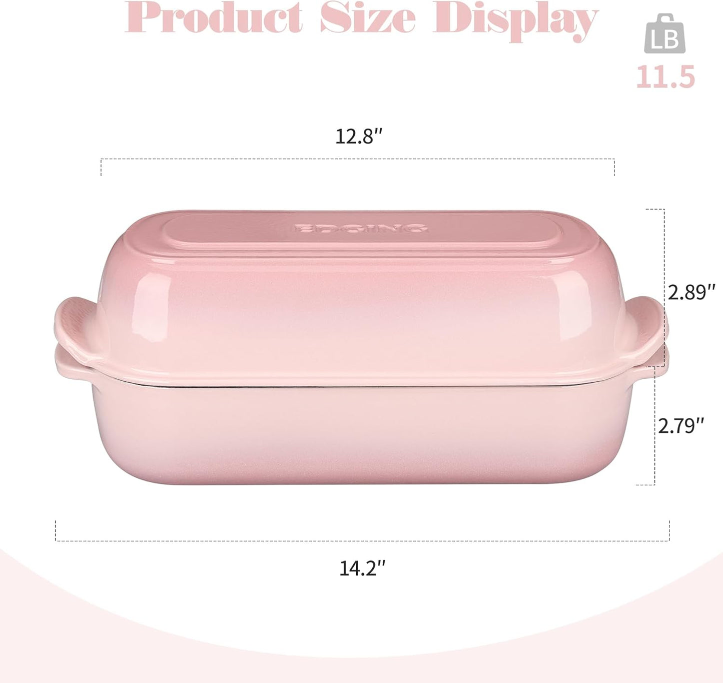 Enameled Cast Iron Loaf Pan with Lid, Dutch Oven for Homemade Bread Baking, 12.5x5.5 inch, 5Qt, Pink