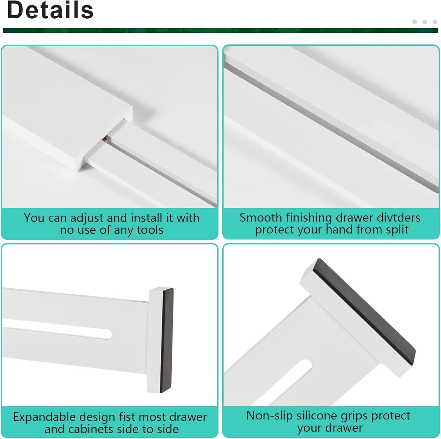 4 Pack Bamboo Drawer Dividers, Adjustable Length from 12 Inch to 17 Inch, Expandable Kitchen Drawer Organizer, Drawer Organization Separators for Clothes, Kitchen, Bedroom, Dresser, Office (White)