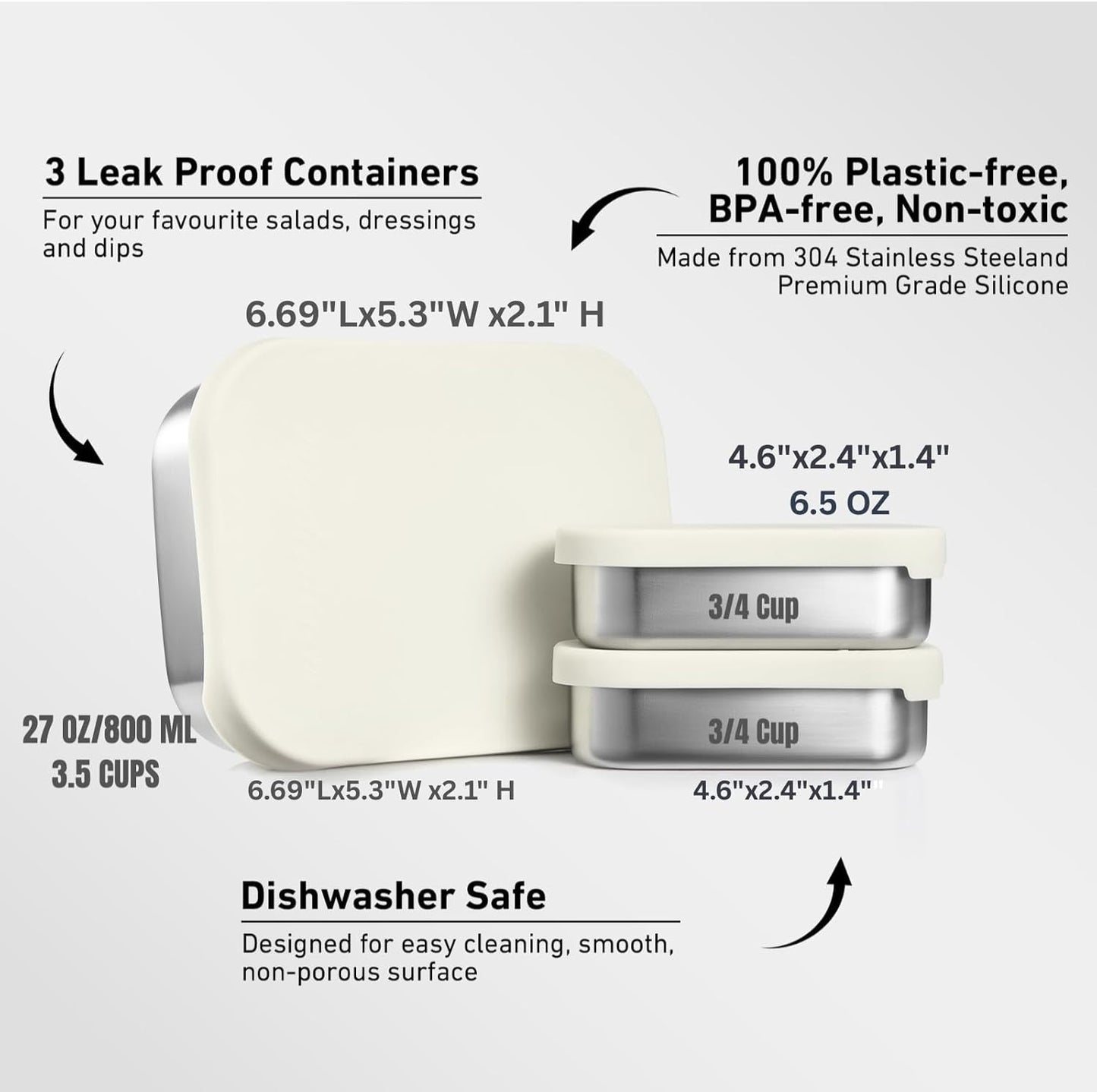 Flexibento - Leak proof Stainless Steel Lunch Box | Lunch Containers| Steel Bento Box |Sandwich Containers| Snack Containers |Metal lunch Box |Vanilla| 1 * 27 OZ+2 * 6.5 OZ|SIlicone lids