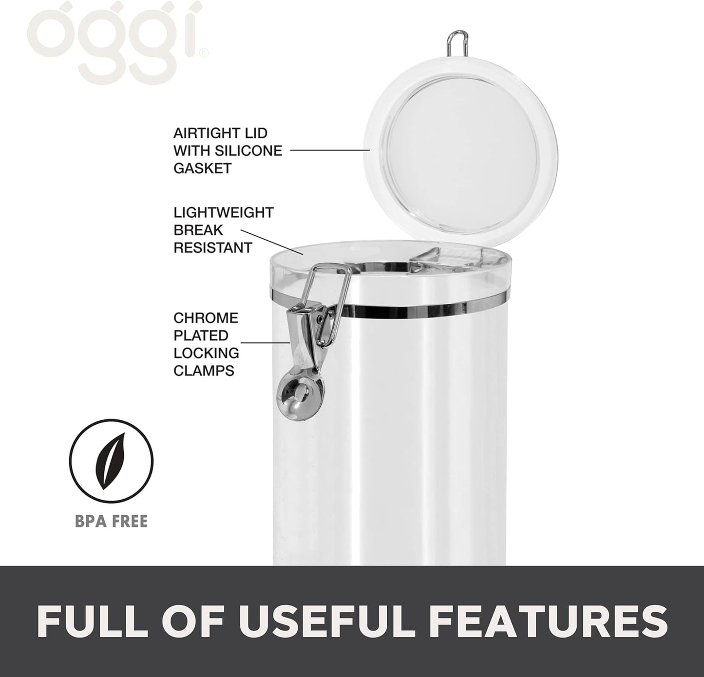 OGGI Medium-Sized Clear Canister with Clamp Lid, 61 oz - Large Airtight Food Storage Container, for Kitchen & Pantry Storage of Bulk, Dry Foods, Pasta, Flour, Sugar, Coffee, Rice, Tea, Spices & Herbs