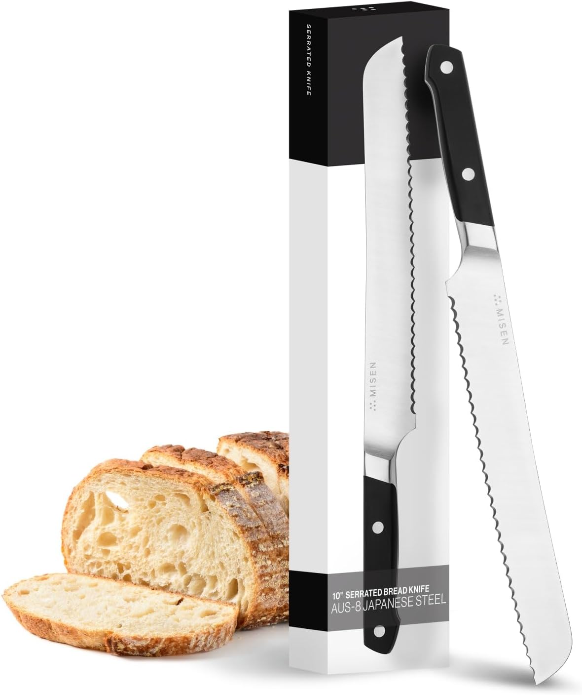 Misen Serrated Bread Knife – High-Carbon Japanese AUS8 Steel – Effortless Slicing of Bread, Pastries, and Fruits – Razor-Sharp Edge and Durable Blade with Ergonomic Handle - 10", Black