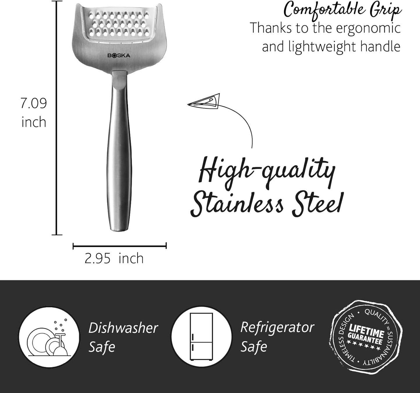 Boska Stainless Steel Grater - Cheese Grater Copenhagen Best for Hard Cheese, Citrus, and Vegetables - Multifunctional Rust-Proof Shredder - Manual Handheld - 10 Year Warranty