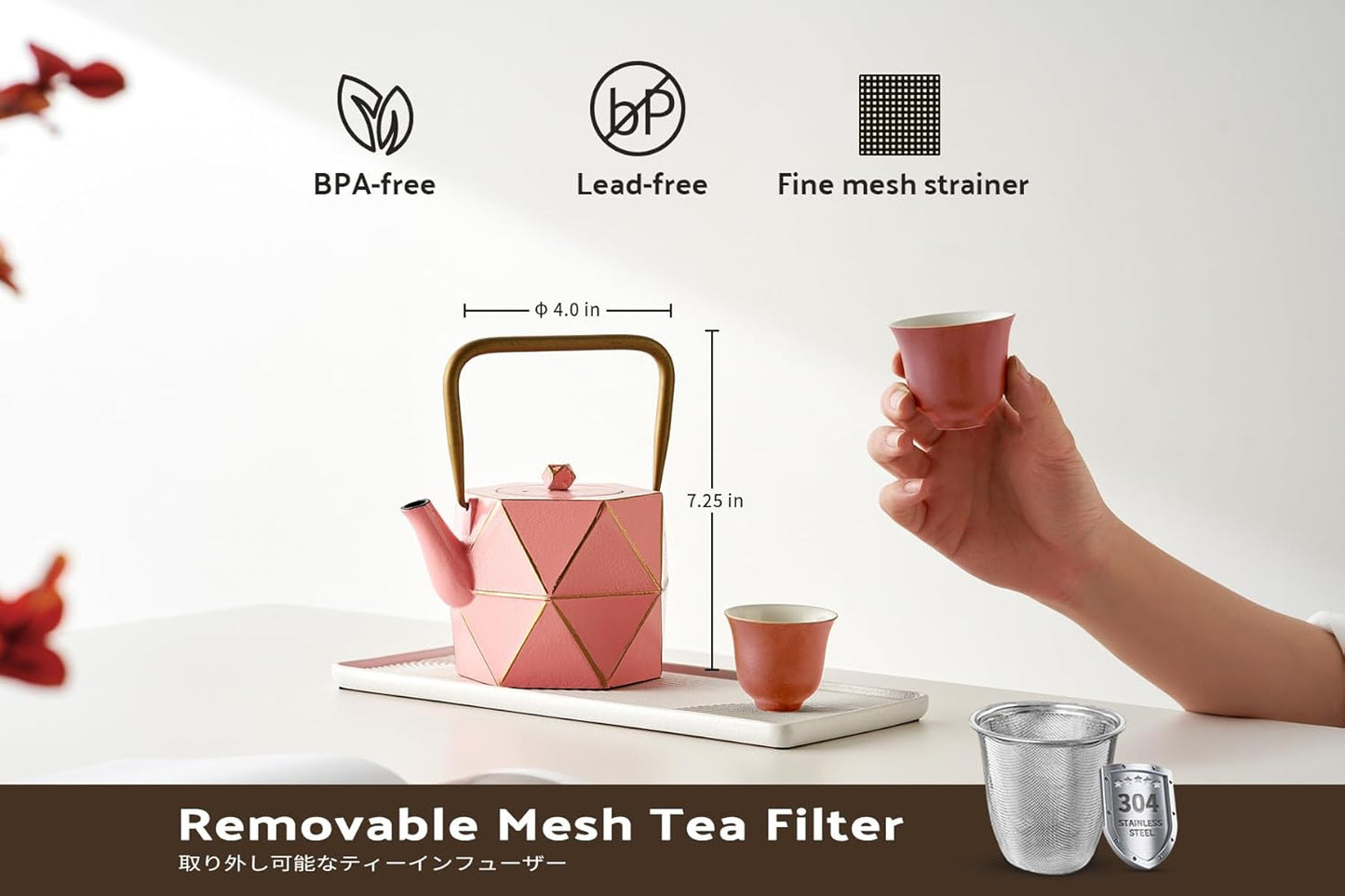 Toptier Cast Iron Teapot, Stovetop Safe Japanese Cast Iron Tea Kettle, Diamond Design Tea Pot with Removable Infuser for Loose Tea, 30 Ounce (900 ml), Pink