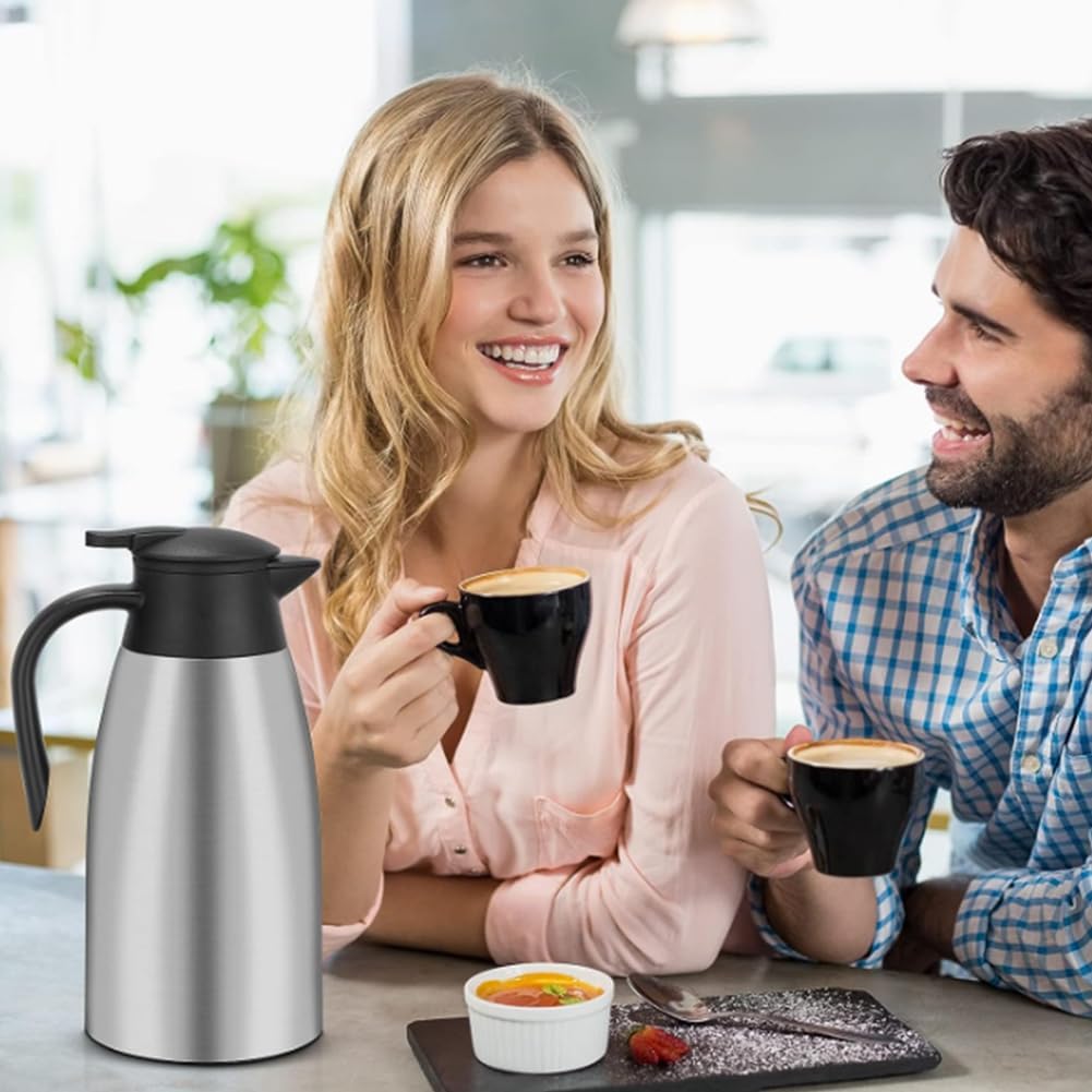 70 Oz Insulated Thermal Coffee Carafe Stainless Steel Double Walled Vacuum Coffee Thermos, Hot Water, Tea, Hot Beverage Dispenser, Keep 24 Hour Heat Retention/12 Hour Cold Retention (Sliver, 2L)