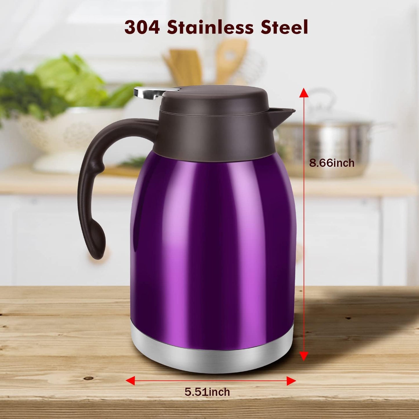 54oz Stainless Steel Thermal Coffee Carafe Dispenser, Unbreakable Double Wall Vacuum Flask 1.6L Water Tea Pot Beverage Pitcher for Hot Coffee for Christmas Carafe (Purple)