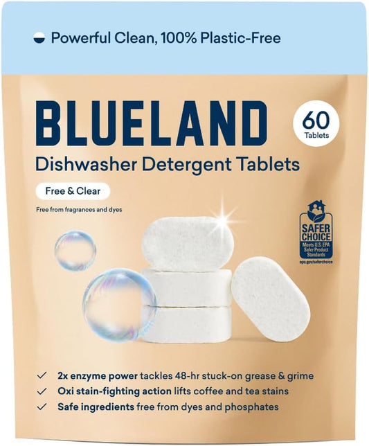 BLUELAND 100% Plastic-Free Dishwasher Detergent Tablets, 60 Count, Free & Clear, Eco-Friendly Dishwashing Pods, Natural, Sustainable