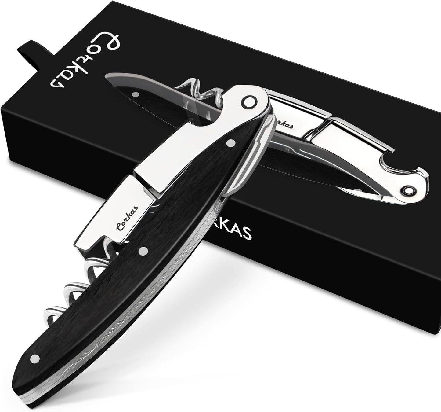 Wine Key - CORKAS Prestige Waiter Corkscrew with Ebony Handle, Handcrafted Wine Opener Manual with Double Hinged, Foil Cutter and Bottle Opener, Ideal Gifts for Sommelier, Bartenders, Servers