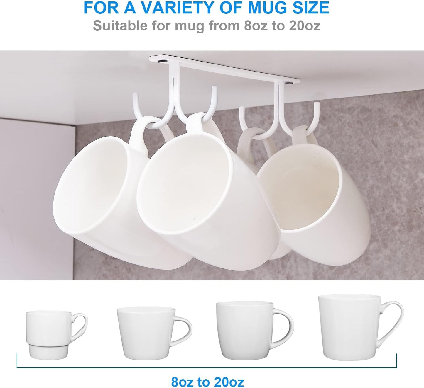 Mug Rack Under Cabinet - Coffee Cup Holder, 12 Mugs Hooks Under Shelf, Display Hanging Cups Drying Hook for Bar Kitchen Utensils White