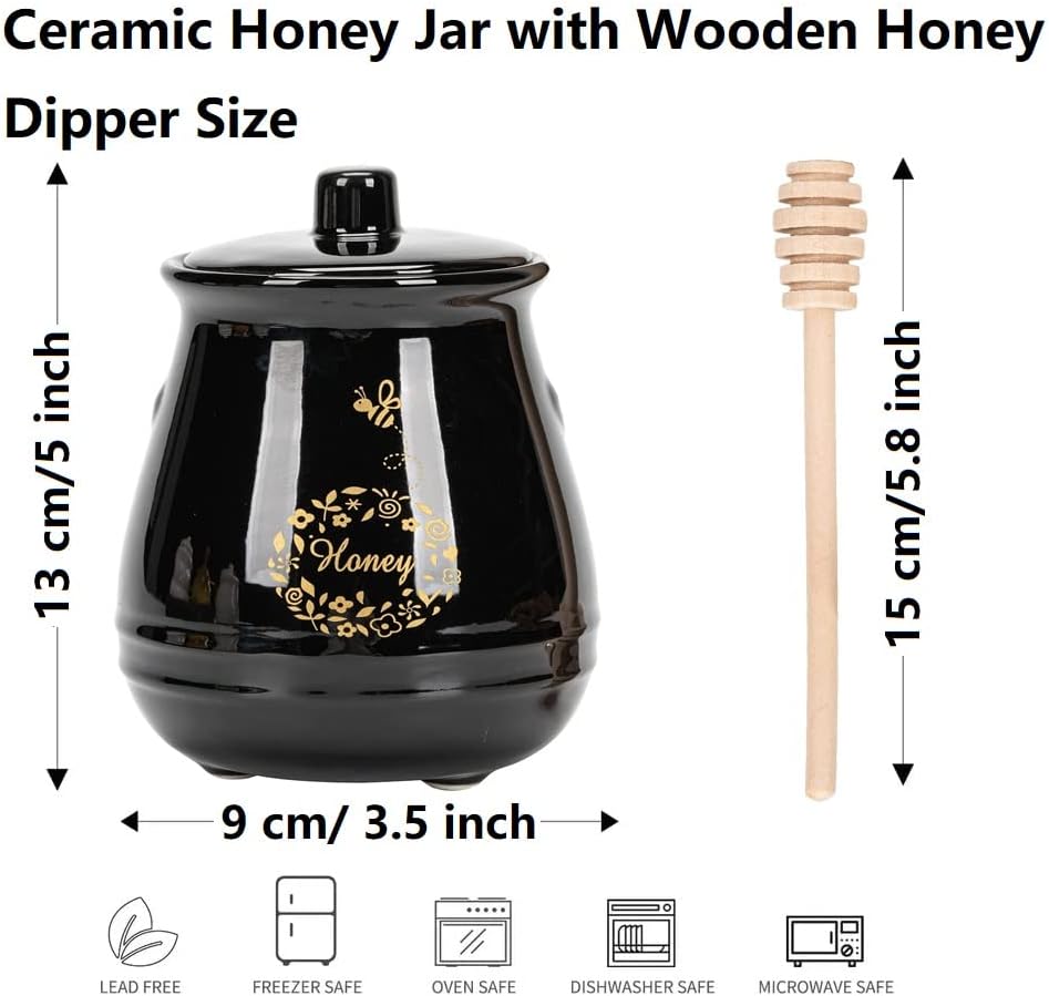 Ceramic Honey Jar with Wooden Honey Dipper-Honey Pot with Dipper- Honey Jar with Stand, Great Bee Decor- Farmhouse Kitchen Decor (Honey Jar-Black)