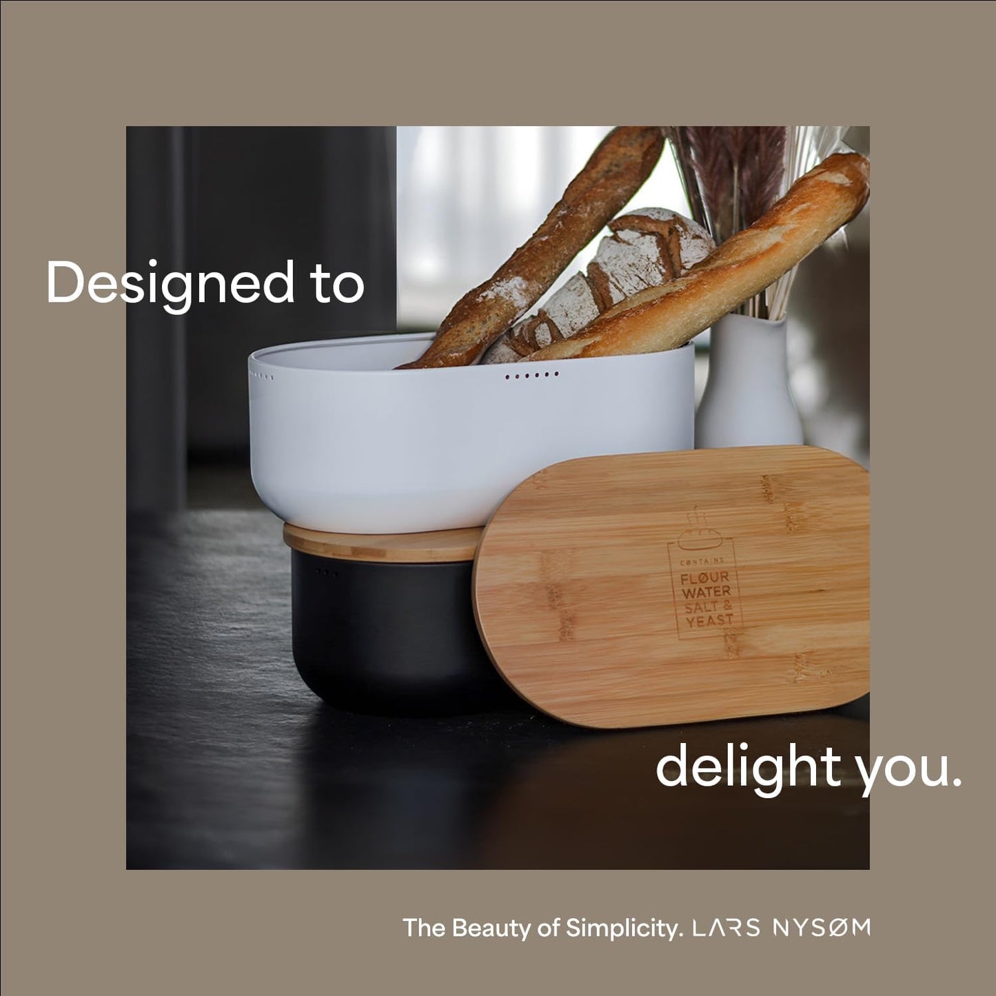 LARS NYSØM Bread Box I Metal Box with linen bag for long lasting freshness I Bread Bin with bamboo lid usable as cutting board I 14.2x7.5x5.1 In (Almond Beige)